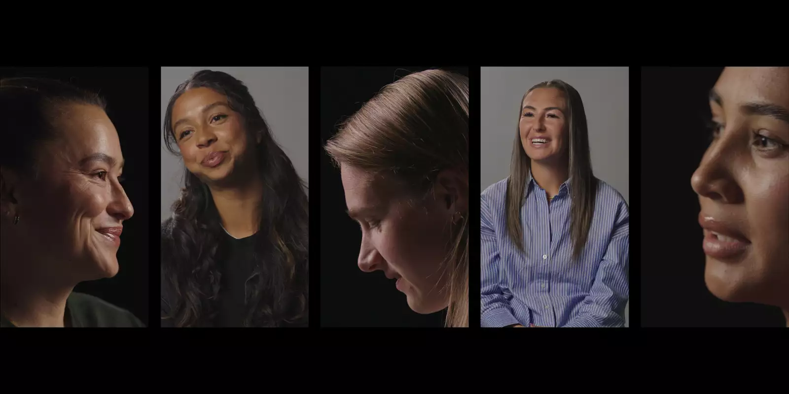 A film playing on a screen in the exhibition, showing five panels displaying Ali Riley Meg Madison Viv Miedema Katie Zelem and Alyssa Thompson