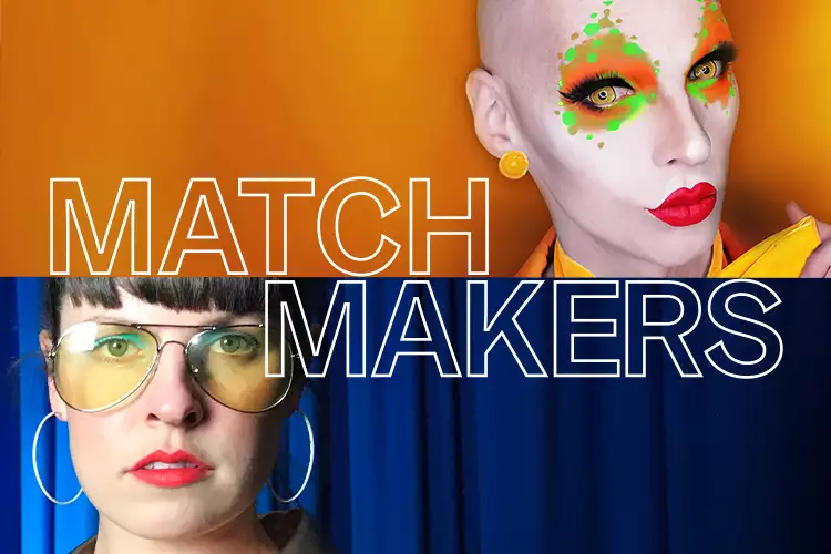 Cheddar Gorgeous in drag on an orange background and Simone French on a blue background