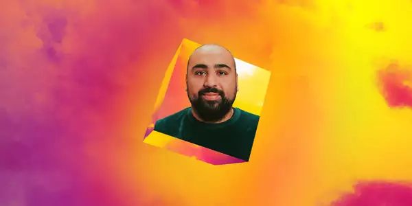 Asim Chaudhry headshot floating on the Dream Space pink and yellow background