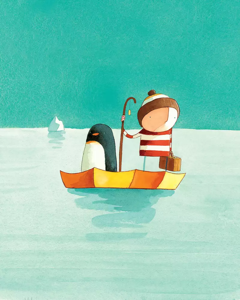 An illustration of a boy and a penguin in a small boat out at sea