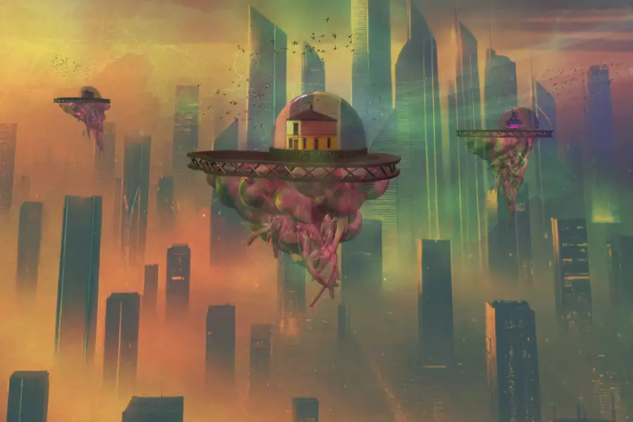 A futuristic cityscape with towering skyscrapers in warm orange-pink hues. Floating platforms resembling flying saucers hover above the city. One shows the Manchester pub Peveril of the Peak. The platforms are upheld by jellyfish-like formations with tendrils dangling beneath. Swarms of birds fly around the scene.