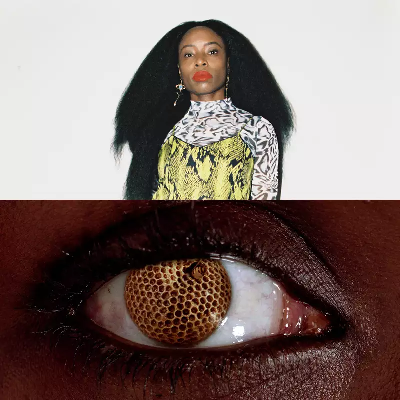 The image shows a square composite. On the top is a photo of Jenn Nkiru wearing a patterned high-neck top layered with a yellow snakeskin dress. Below, there is an extreme close-up of an eye, with a honeycomb texture replacing the iris.