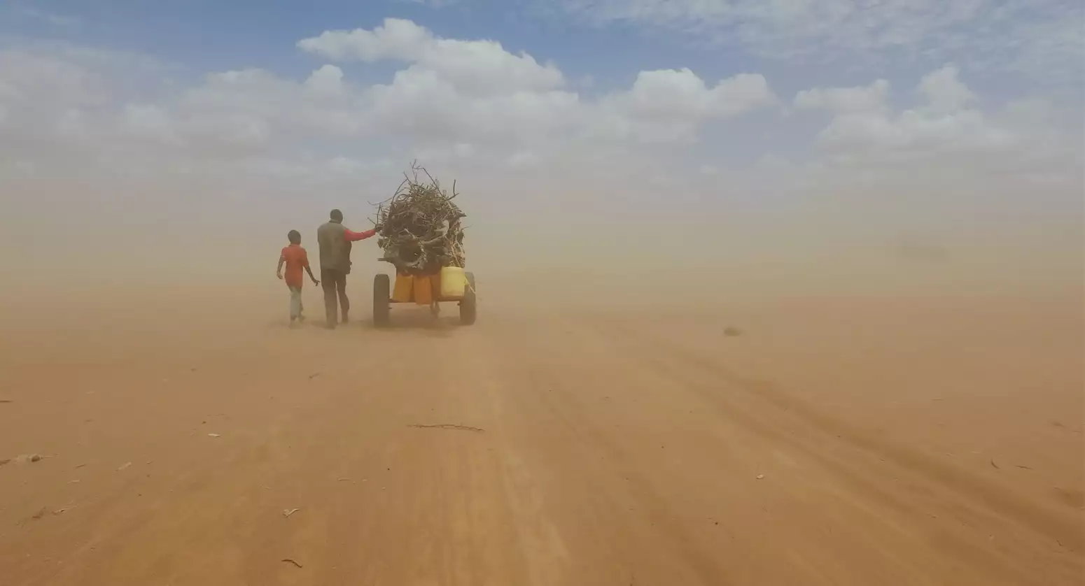 A still from Human Flow, showing two people walking through a desert with a pile of sticks on a small vehicle