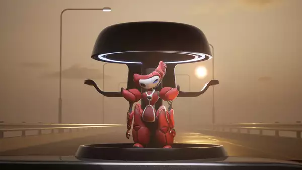 An artwork by Lawrence Lek showing a red creature stood on a bridge