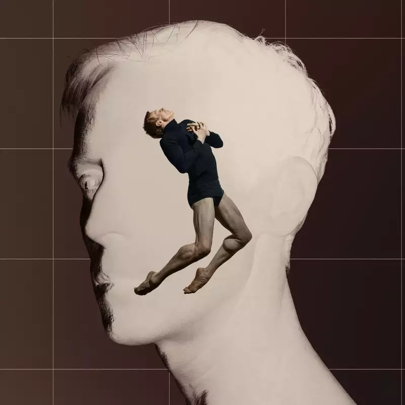A digital collage features a grayscale side profile of a man's face, with a dancer emerging from within, positioned in a dramatic pose. The background is divided into a warm brown and a grid-like structure, enhancing the contrast between the two figures.