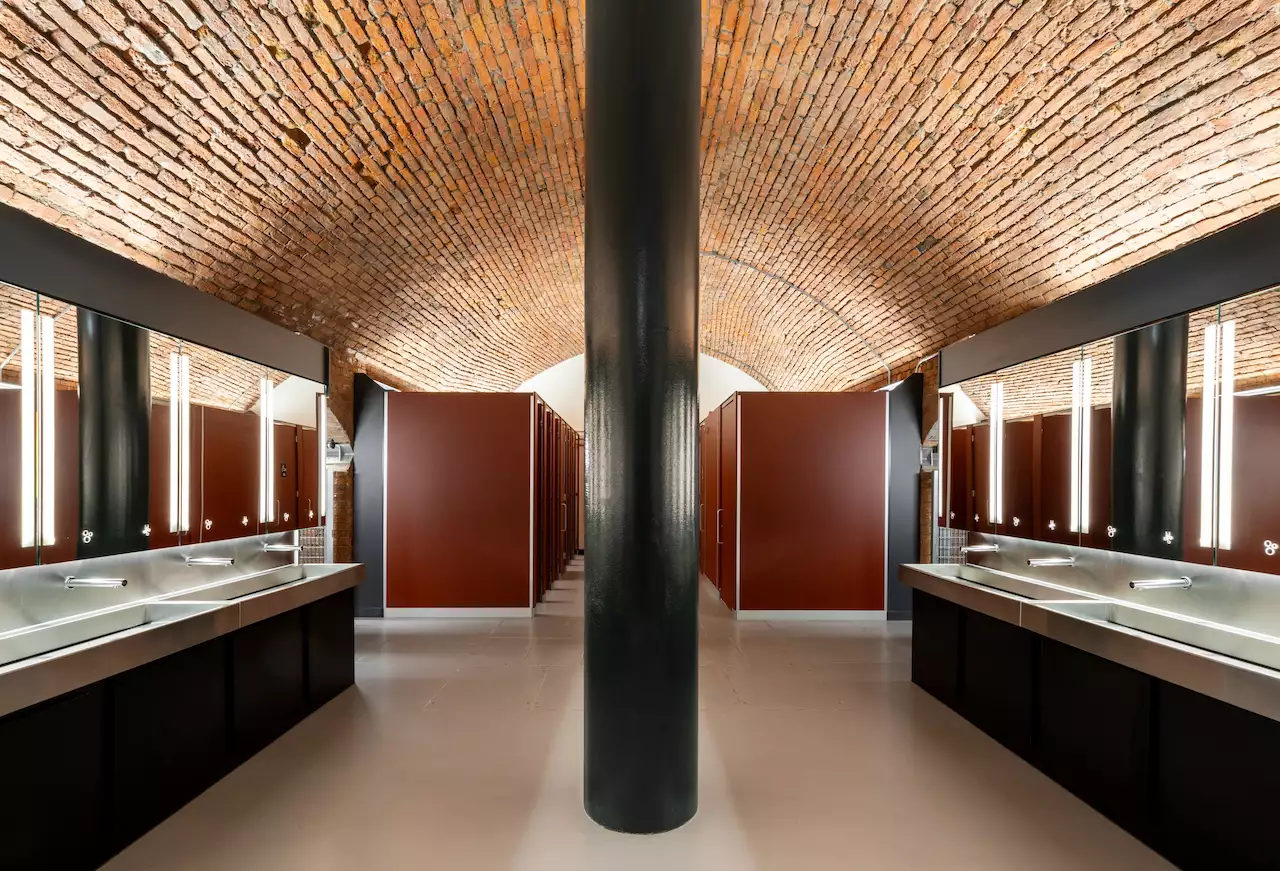 Photo of the sinks and cubicles in the toilets at Aviva Studios