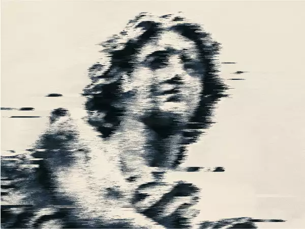 Glitch-style monochrome portrait of a person resting their chin on their hand.