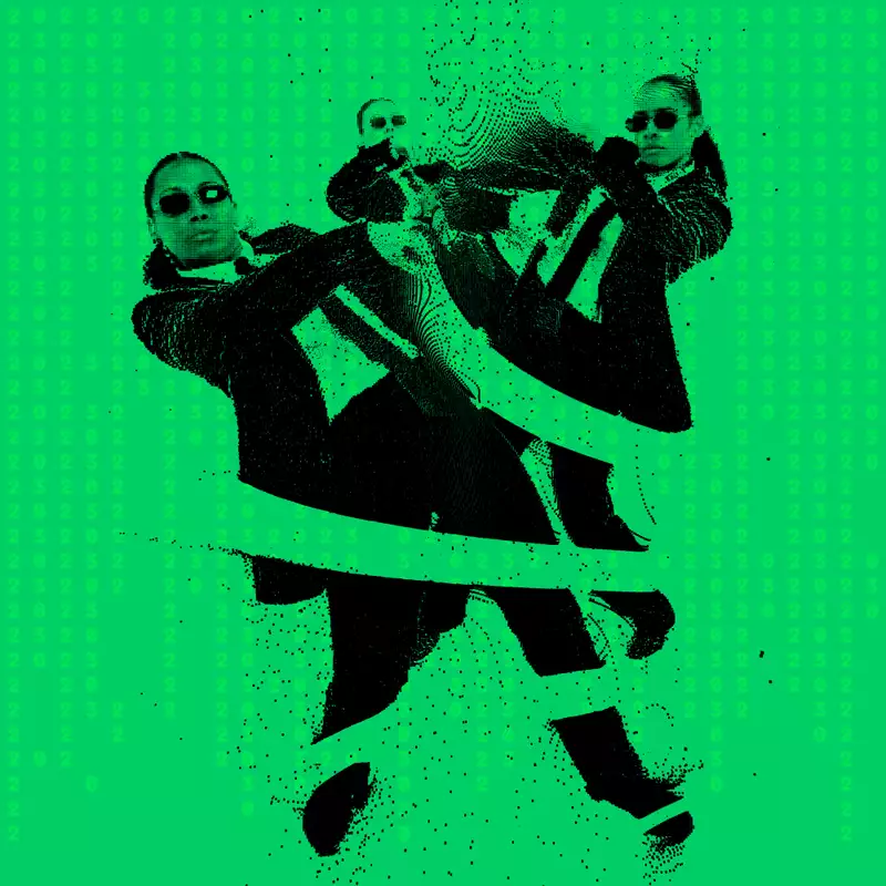 Three dancers pose wearing suits and sunglasses. The image is black and green with a pixellated effect.