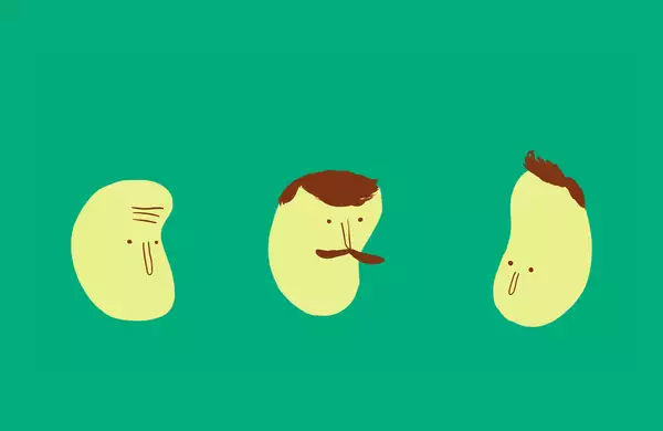 Three cartoon beans with faces and hair on a green background.
