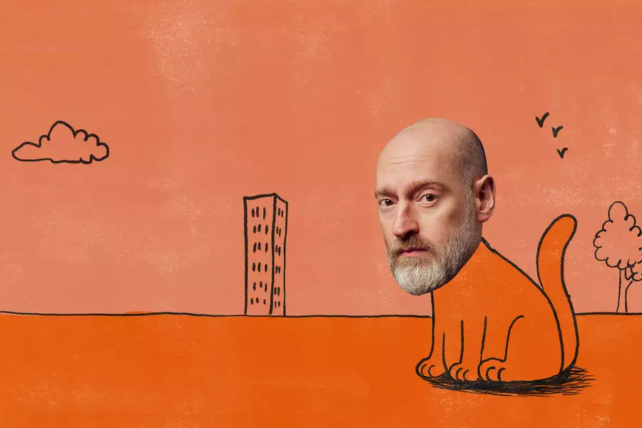 Henry Paker's head on an illustrated cat against an orange background