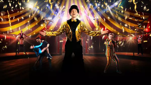 A vibrant circus scene with acrobats, dancers, a ringmaster in gold, and a clown in a striped suit under a big top with confetti.