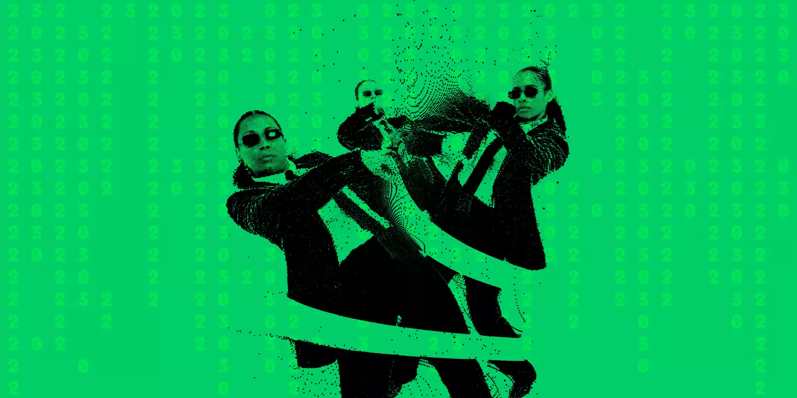 Three dancers pose wearing suits and sunglasses. The image is black and green with a pixellated effect.