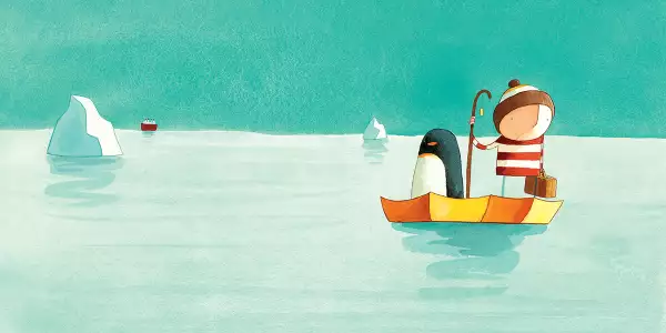 An illustration of a boy and a penguin in a small boat out at sea. Ice bergs are visible in the background.