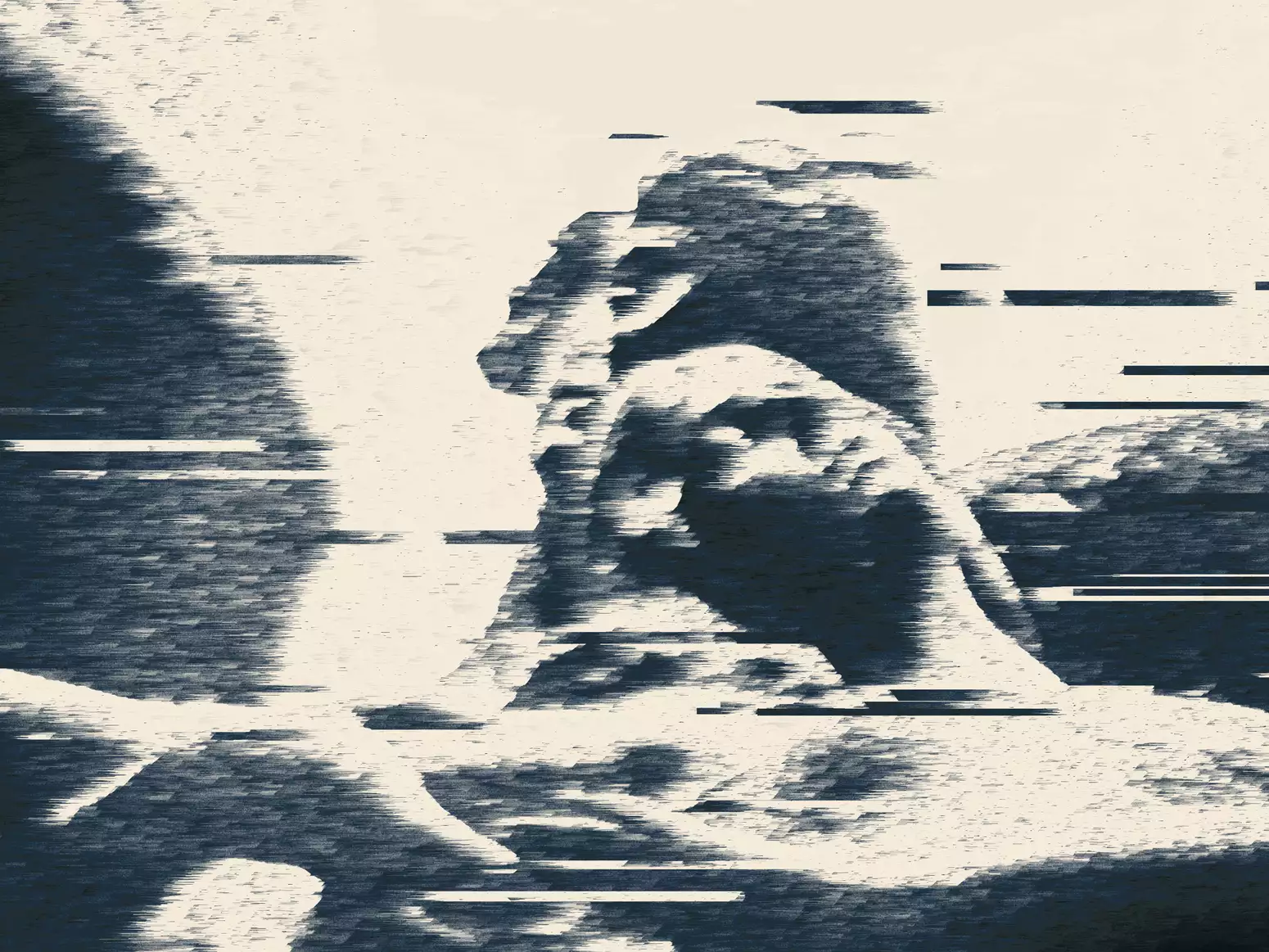 Glitch-style monochrome portrait of a person sleeping