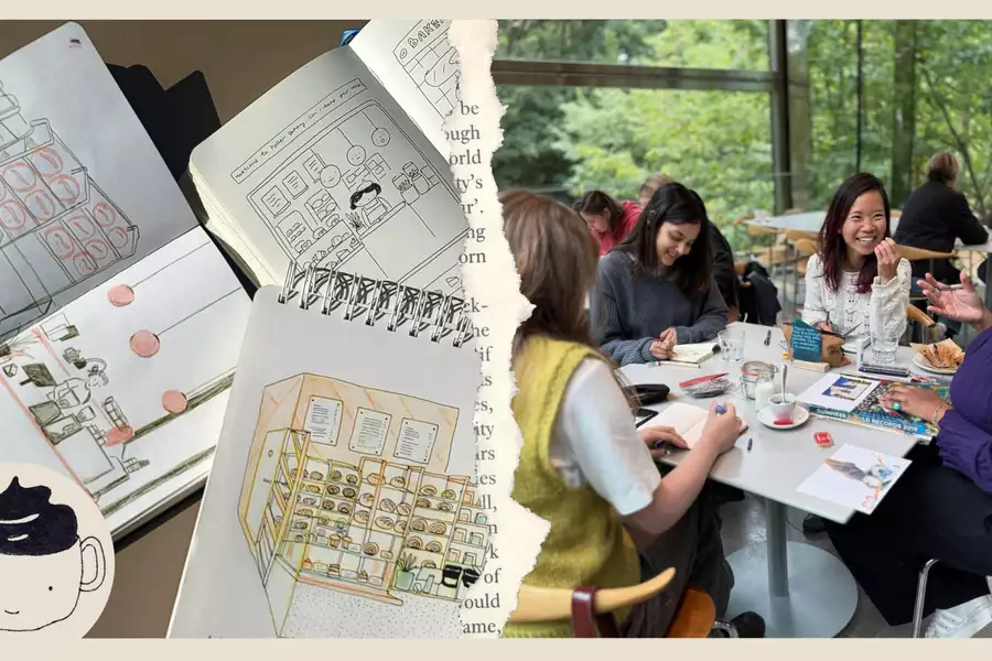 A collage featuring three sketchbooks on the left hand side, and a group of people smiling and drawing on the right hand side