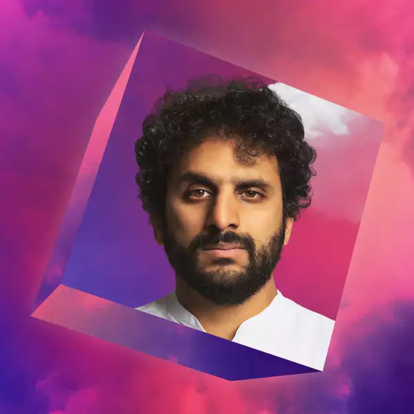 Nish Kumar's headshot on a pink and purple cloud background