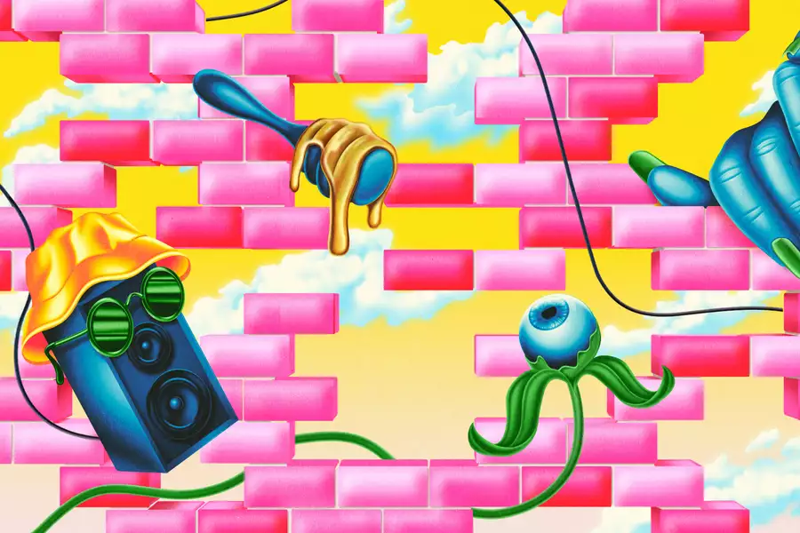 A vibrant and surreal illustration without text. The image consists of pink bricks floating against a yellow sky with clouds. The artwork features a dripping honey spoon, a blue hand with green nails, an eyeball connected to green vines, and a speaker with green sunglasses and a yellow hat. The scene has a playful, abstract aesthetic, with each object connected by black wires. The colours are bright, giving a whimsical, dreamlike feel