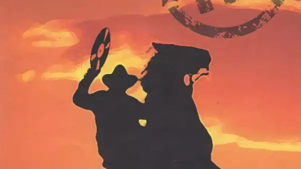 Silhouette of a person in a cowboy hat riding a bucking horse, holding up a vinyl record against an orange sunset sky with scattered clouds and a faded circular stamp.