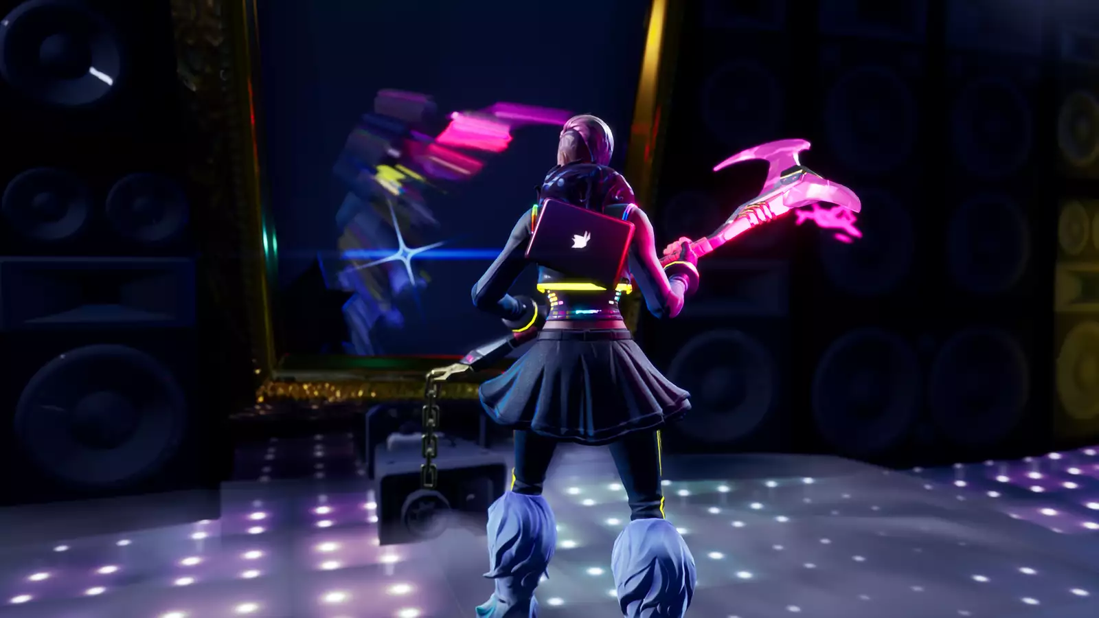 Digital character standing in front of a mirror holding an axe