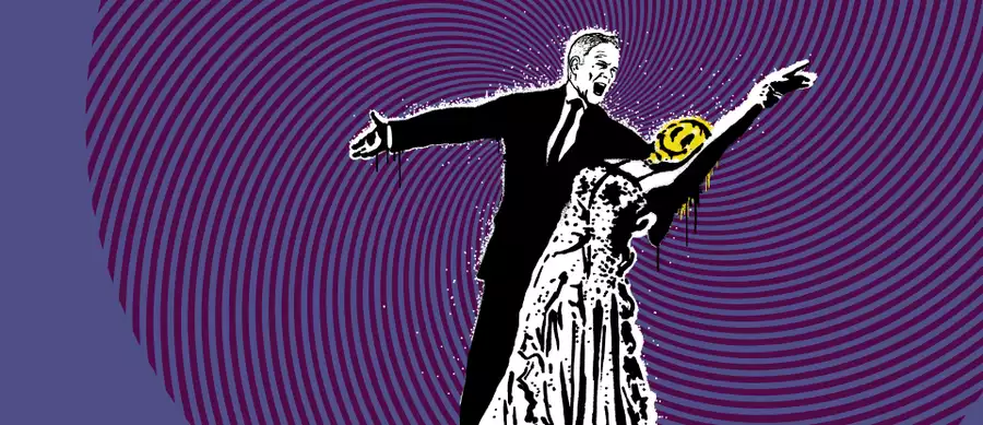 A stencil-style illustration shows a couple dancing, with the man in a suit and the woman in a gown. Her face is replaced by a yellow smiley face, set against a purple background with concentric circles.