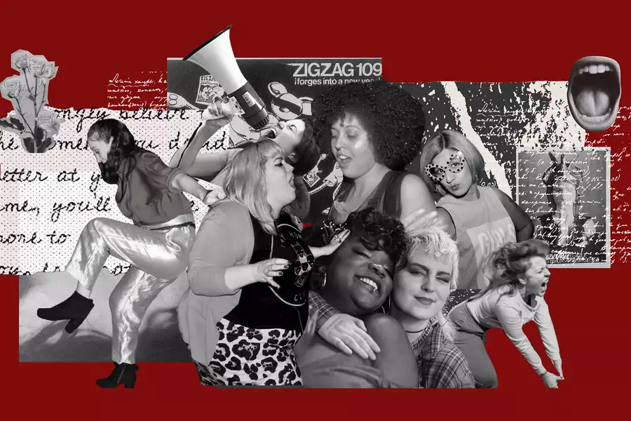 A collage of black and white photos of Girl Gang members on a red background