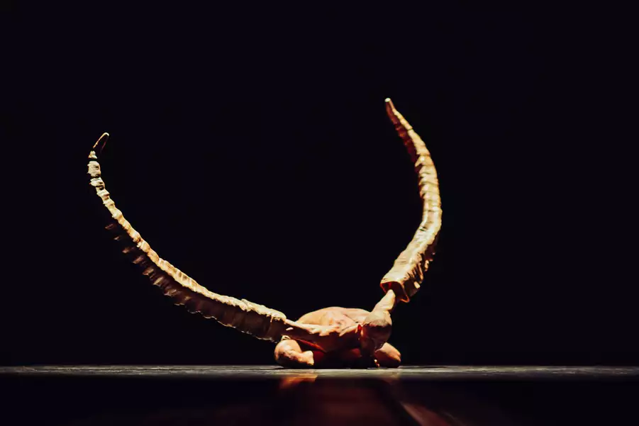 A still from Figures in Extinction [1.0] showing a performer on stage with two giant horns covering their arms