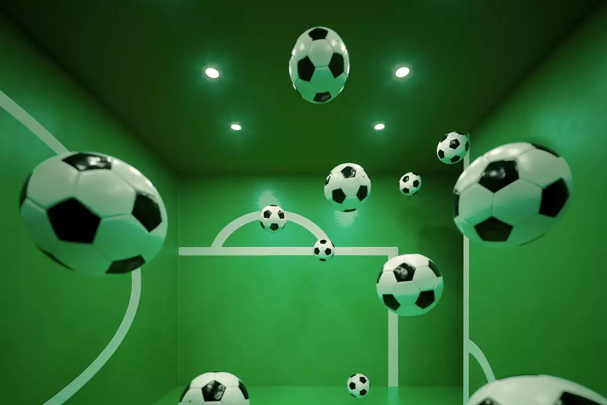 Multiple floating soccer balls inside a green room with white goalpost markings on the walls. The perspective and reflections create an illusion of depth, making it appear as if the balls are suspended in mid-air.