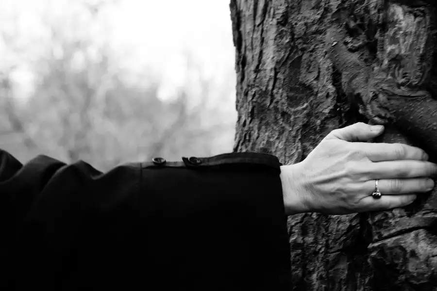 Black and white photo of a hand cupping a tree trunk