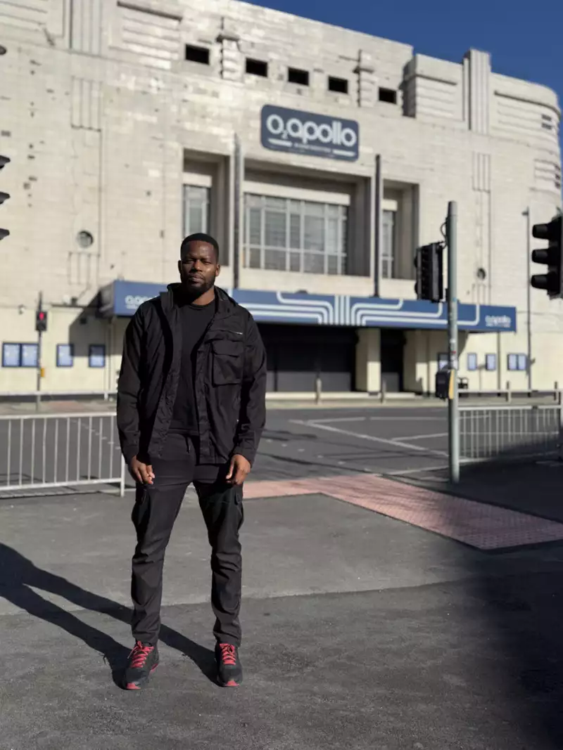 Griot Gabriel stood outside the O2 Apollo