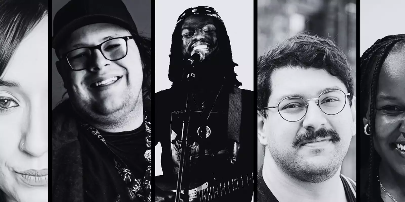 Black and white composite image of the five Factory Fellows