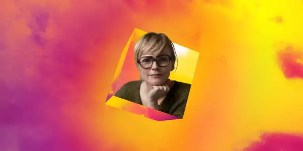 Maxine Peake's headshot floating on the Dream Space pink and yellow background