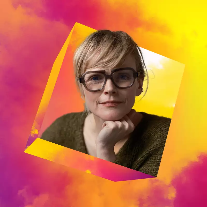 Maxine Peake's headshot floating on the Dream Space pink and yellow background