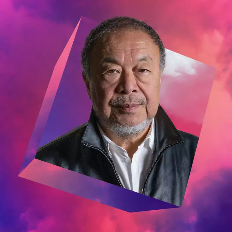 Headshot of Ai Weiwei floating on a pink background with clouds