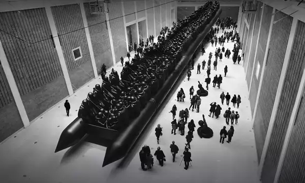 Ai Weiwei's Law of the Journey artwork, showing a crowd of people surrounding a huge, inflatable migrant boat in a big warehouse