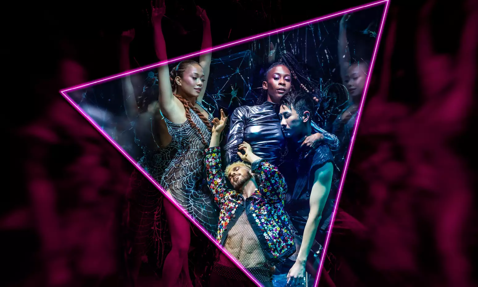 Neon-lit dancers posing inside a glowing triangle frame at a nightclub.