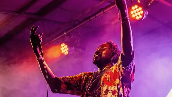 holding a microphone raises one arm while performing on stage, illuminated by vibrant orange and purple lights. The background features stage lighting and a smoky atmosphere.