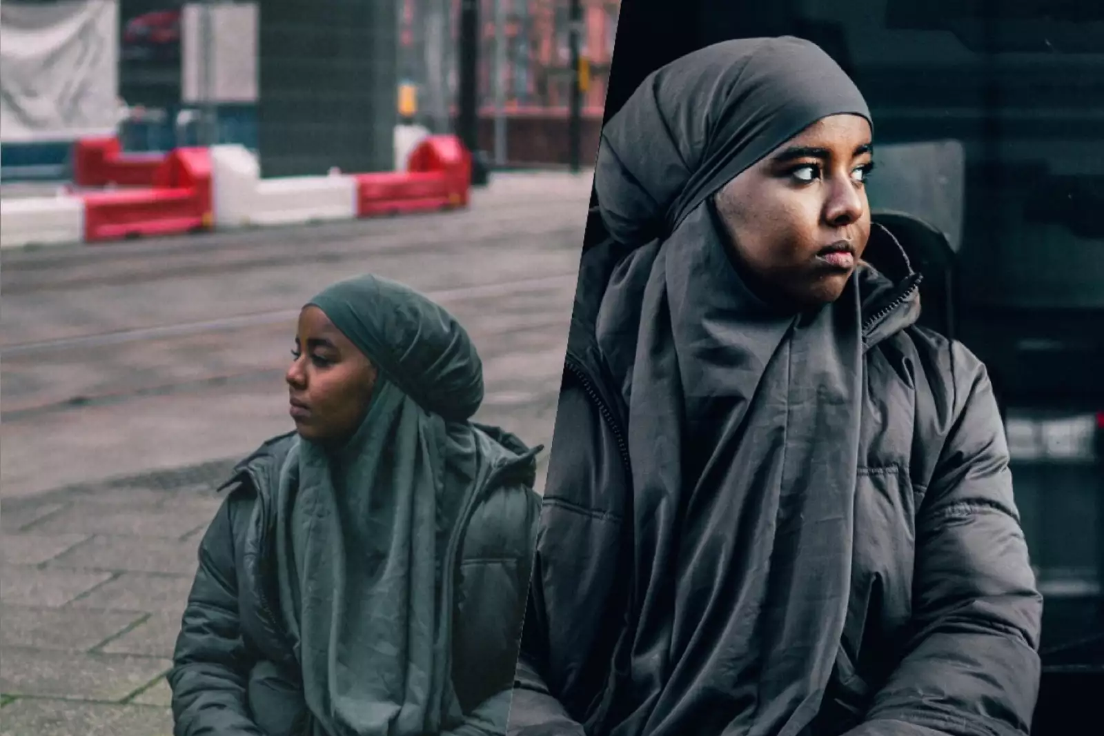 Two photos next to each other, separated by a slanted line down the middle. On the left, Ebyan looks off into the distance while sat down on a street in Manchester city centre. On the right she is shown in close-up, facing the opposite way.