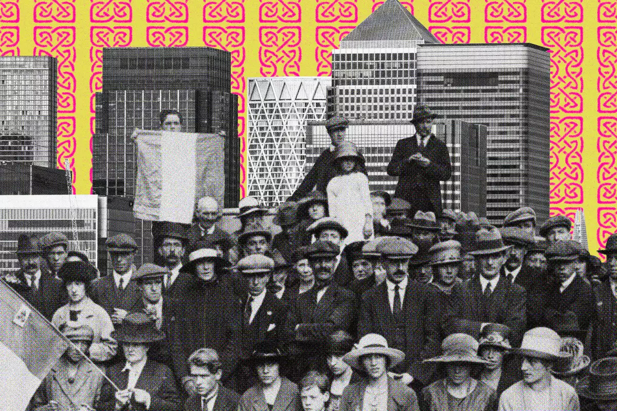 Vintage crowd collage with modern city skyline on a bright patterned background.