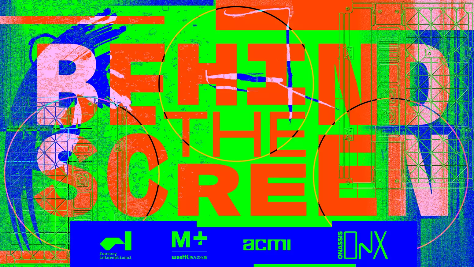 Logos for Behind The Screen, Factory International, ACMI, M+ and Onassis ONX