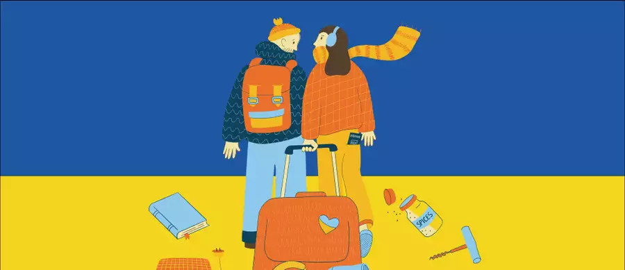 Illustration of a bundled-up couple with a suitcase, surrounded by scattered travel items against a blue and yellow background.