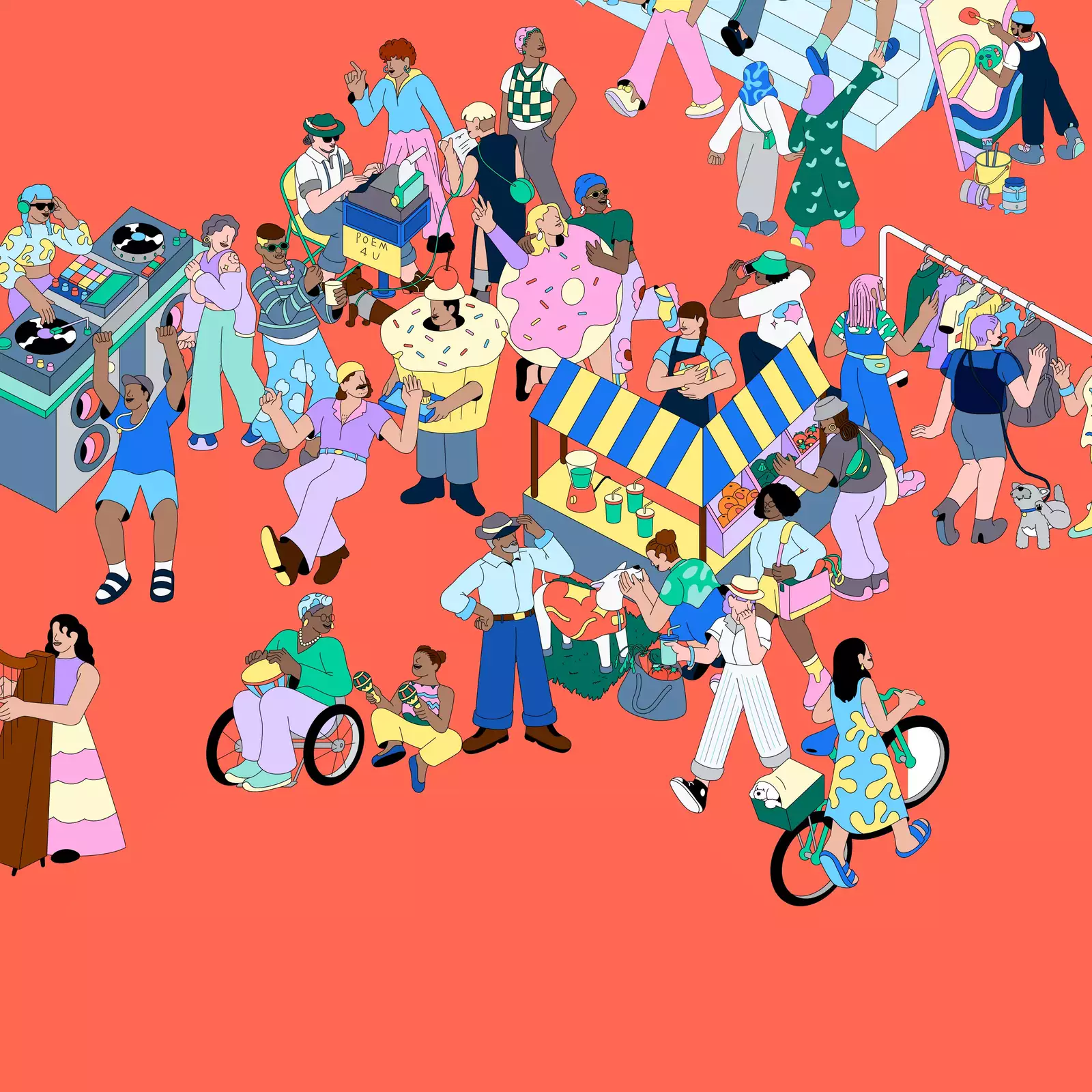 An illustrated image of people at a marketplace, playing music and dancing