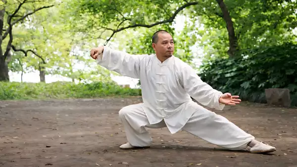 A man doing a tai chi pose in a sunny woodland setting