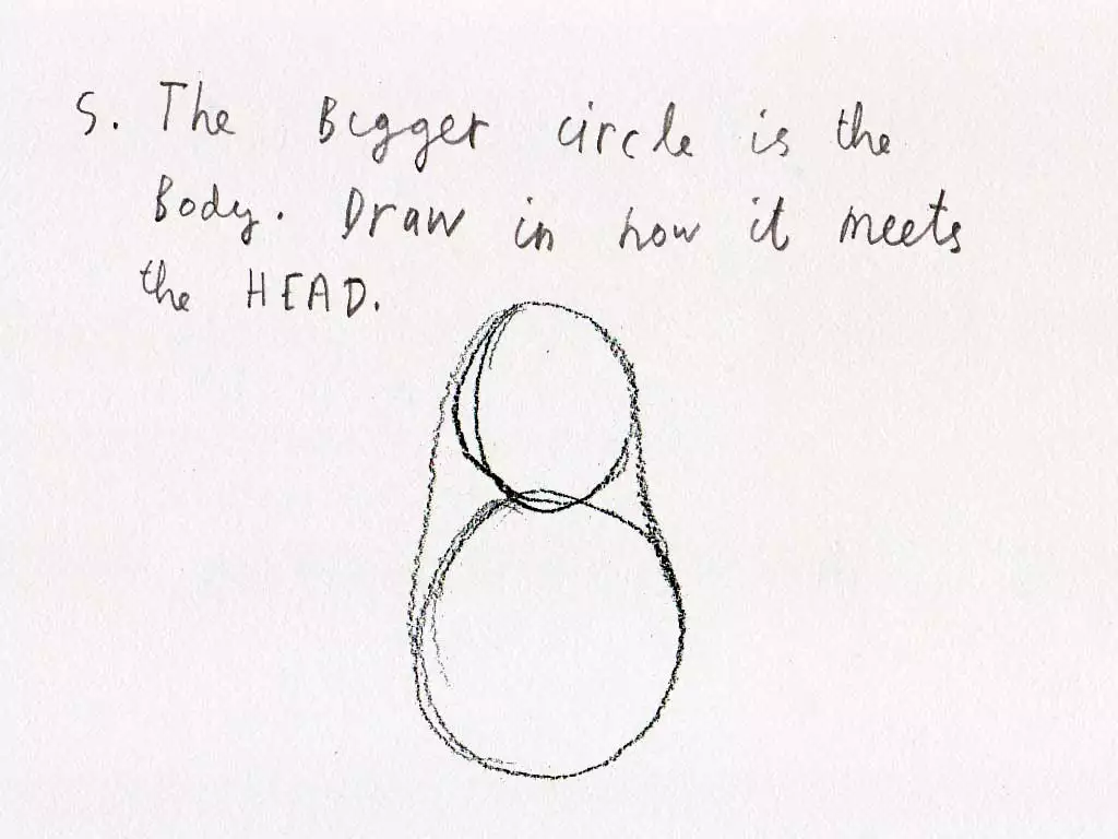 Outline illustration of a penguin that says '5. The bigger circle is the body. Draw in how it meets the head.'