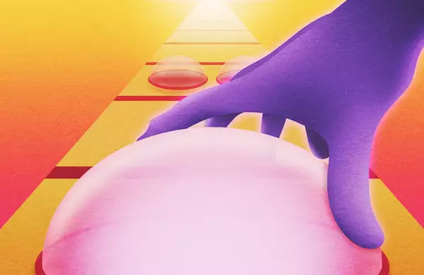 Illustration of a purple hand pressing a button on a conveyer belt – on a yellow and pink gradient background