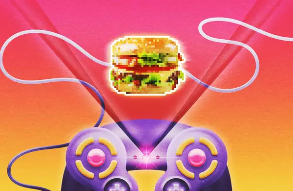 Illustration of a purple video game controller and a hamburger – on a yellow and pink gradient background