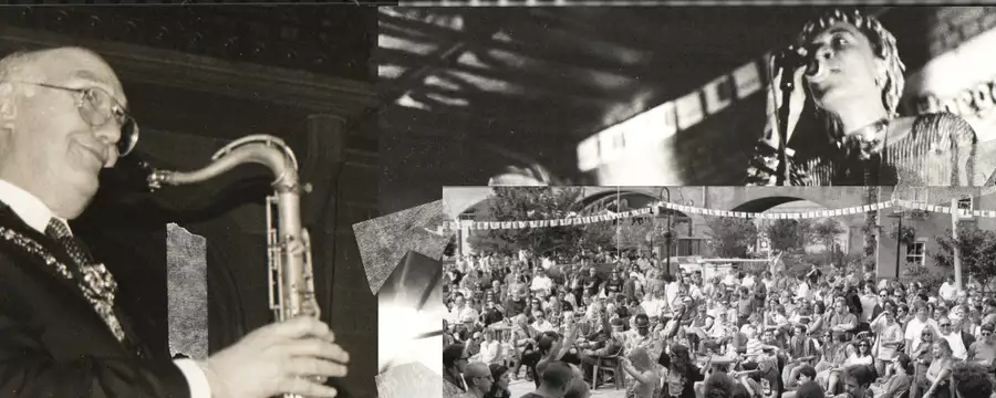 A black and white collage of pictures from manchester jazz festival featuring jazz musicians, singers, dancers, and a bustling outdoor crowd.