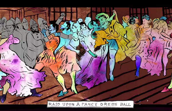 An illustration of police intercepting people at a costume ball