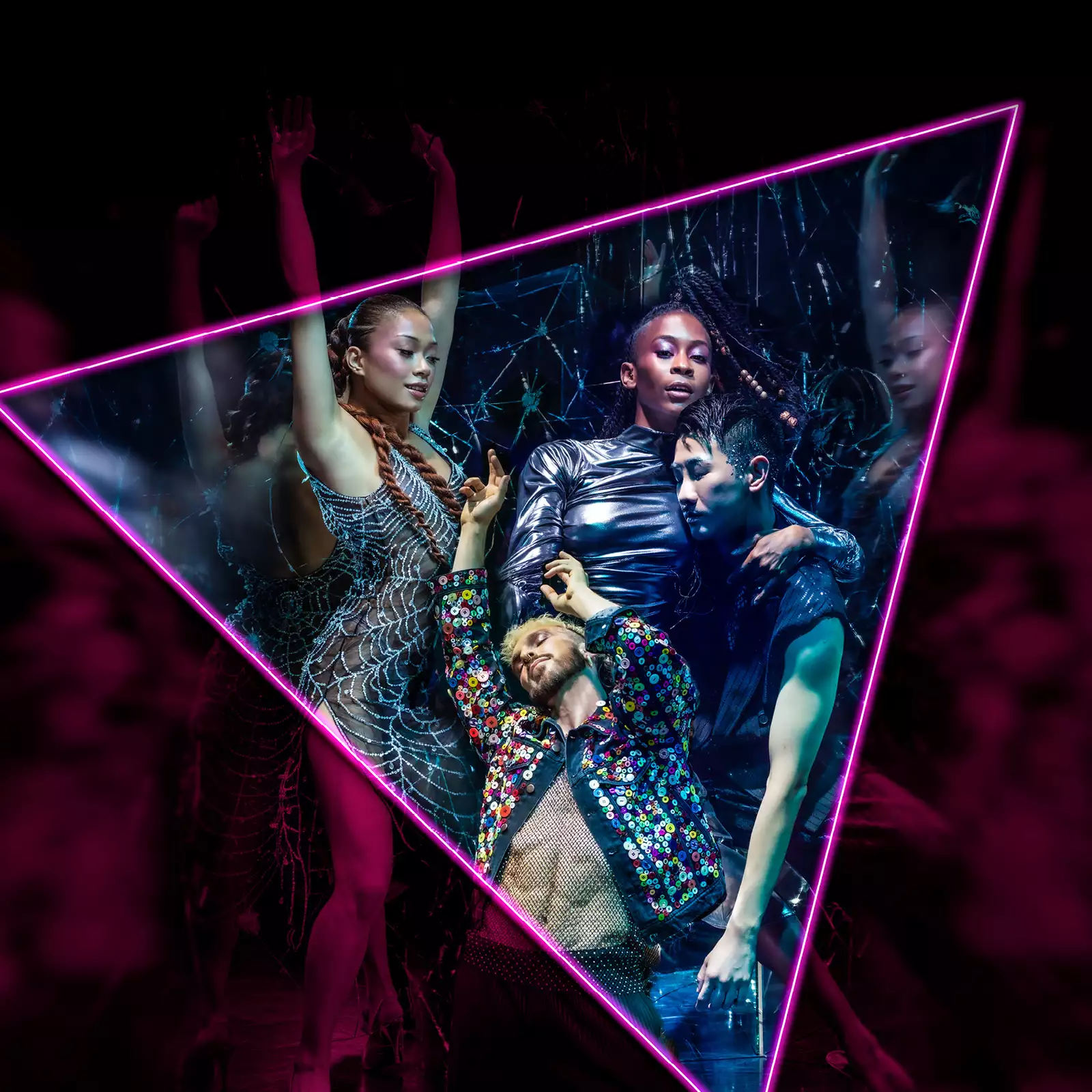 Neon-lit dancers posing inside a glowing triangle frame at a nightclub.