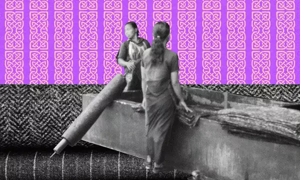 Black-and-white photo of two people on patterned fabric against a pink decorative background.