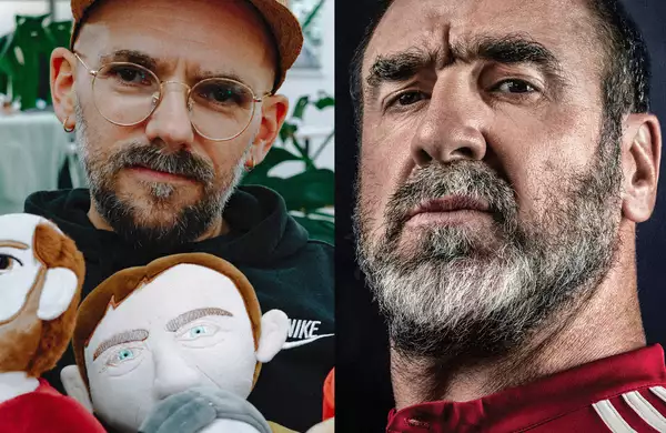 Composite image of Ryan Gander (left) and Eric Cantona (right)